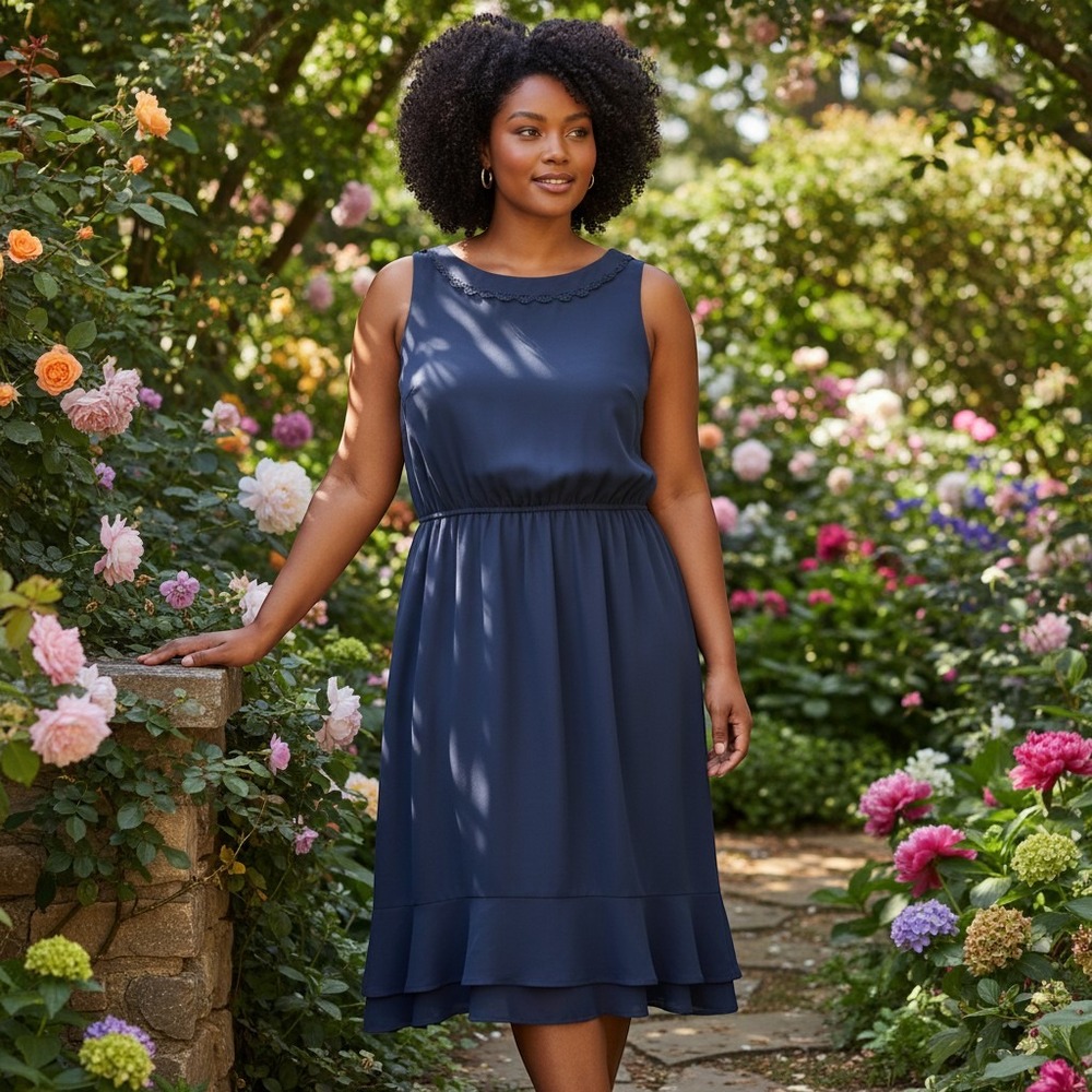 Ryan Wythe Navy Blue Crochet Trim Ruffle Hem Dress Plus 22 Wedding Guest Elegant